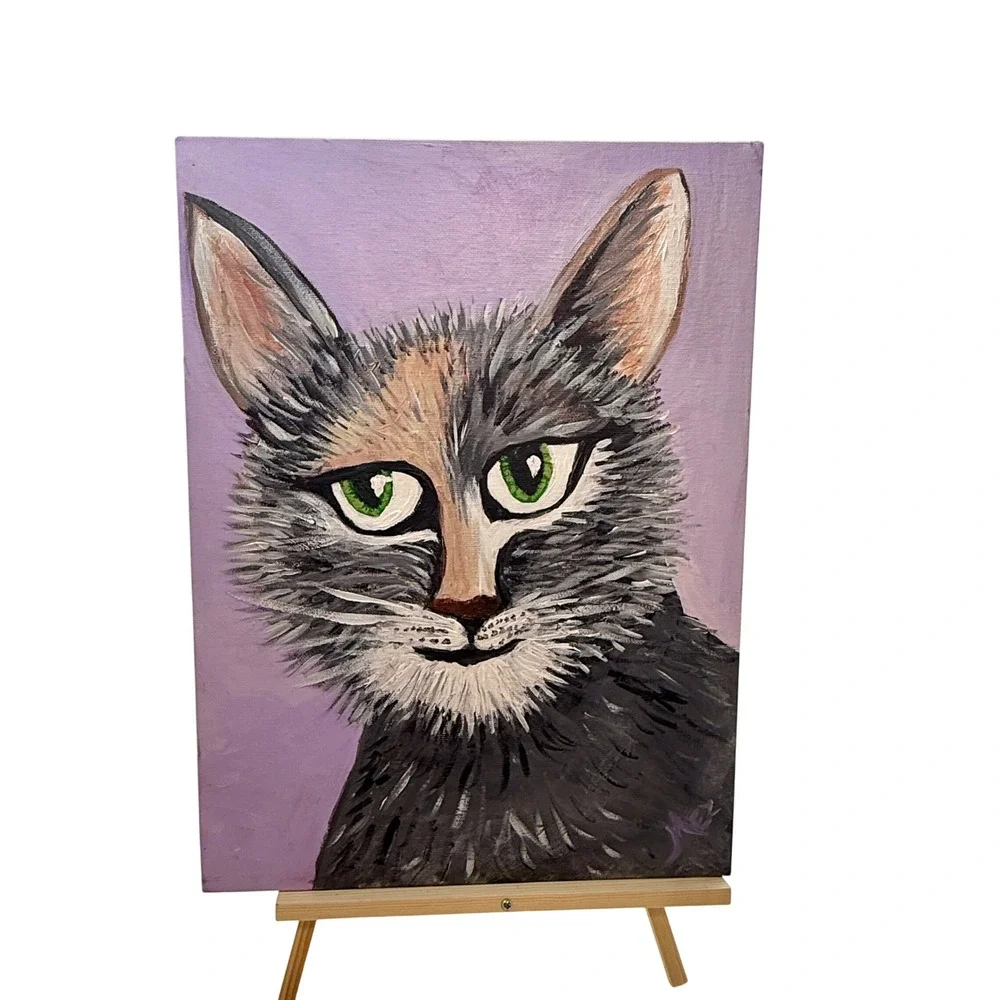 Hand Painted Whimsical Cat Canvas Board Folk Art Boho Cottagecore 16x12